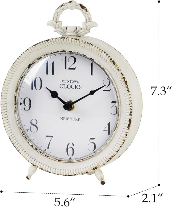 NIKKY HOME Table Clock, Vintage Desk Clock, Antique White Finish Table Clocks, Non-Ticking Battery Operated Decorative Shelf Clock for Living Room Bedroom Gift Clocks