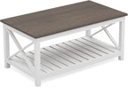 ChooChoo Coffee Table, Rustic Farmhouse Table with Shelf for Living Room, Vintage Finish White
