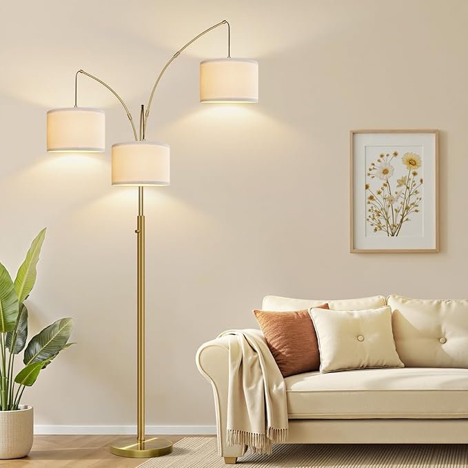 Nintiue Dimmable Floor Lamp - 3 Lights Brass Arc Floor Lamps for Living Room, 1000LM Modern Tall Standing Lamp with Linen Shades, Mid Century Tree Floor Lamp for Bedroom Office, 3 LED Bulbs Included