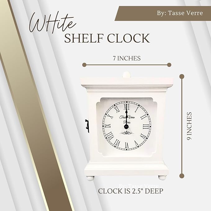 Tasse Verre White Clock for Shelf Table Or Desk 9"x7" - Farmhouse Decor Wood Mechanical Quiet Silent - Office, Bedroom Fireplace Mantel Living Family Room. AA Battery Operated Non-Digital