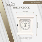 Tasse Verre White Clock for Shelf Table Or Desk 9"x7" - Farmhouse Decor Wood Mechanical Quiet Silent - Office, Bedroom Fireplace Mantel Living Family Room. AA Battery Operated Non-Digital