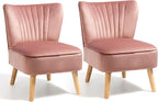 KOMFOTT Velvet Accent Chair Set of 2, Modern Armless Sofa Chair with Solid Rubber Wood Legs, Wingback Leisure Chair with Thick Cushion, Upholstered Side Chair for Living Room, Bedroom, Pink