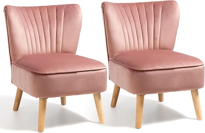 KOMFOTT Velvet Accent Chair Set of 2, Modern Armless Sofa Chair with Solid Rubber Wood Legs, Wingback Leisure Chair with Thick Cushion, Upholstered Side Chair for Living Room, Bedroom, Pink