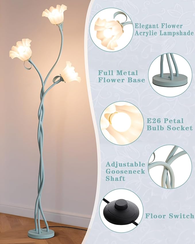 Flower Floor Lamp for Bedroom - 3 Color Temperatures Decorative LED Tall Standing Lamp for Reading with Flexible Neck for Bedroom Living Room Office Corner (Powder Blue)