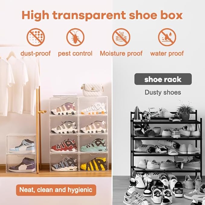 10-pack transparent acrylic shoe boxes, stackable and foldable storage boxes with magnetic snaps, suitable for sneakers, bedroom, dormitory storage, transparent color.