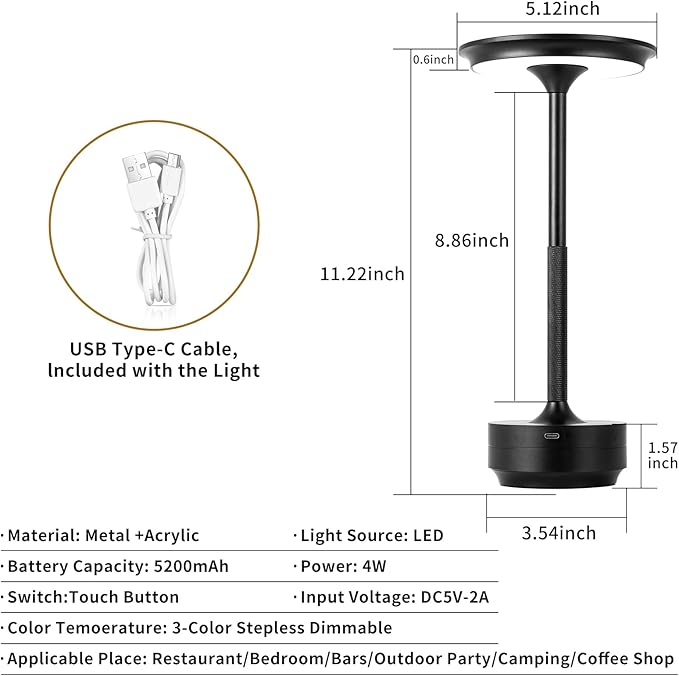 Rechargeable Cordless LED Table Lamps Touch Sensor Light, 3-Levels Portable Dimming Wireless Battery Operated Lamp，Nightstand Lamp/Night Light/Restaurant Table/Outdoor/Coffee/Bar (Black)