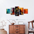 Elephant Stock Colorful Cross Wall Art Multi Piece Canvas - 5 Panel Christian Pictures Decor - Digital Design Canvas Print - Christian Wall Decor - 29" X 12"