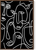 Abstract Face Pattern Wall Art Black Background White Continuous Line Drawing 24x36 Inch Oak Wood Walnut Framed Modern Diverse Portrait for Living Room Decor