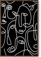 Abstract Face Pattern Wall Art Black Background White Continuous Line Drawing 24x36 Inch Oak Wood Walnut Framed Modern Diverse Portrait for Living Room Decor