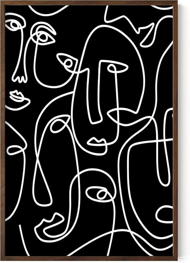 Abstract Face Pattern Wall Art Black Background White Continuous Line Drawing 24x36 Inch Oak Wood Walnut Framed Modern Diverse Portrait for Living Room Decor