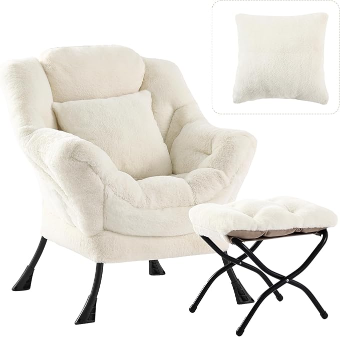 Lazy Chair with Ottoman, Large Lvory Lounge Accent Chair with Ottoman and FA Throw Pillow, Comfy Plush Reading Chair for Living Room Bedroom Dorm Room Office Apartment Relaxing Use