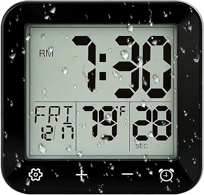 Digital Waterproof Shower Clock, Bathroom Kitchen Clock with Countdown Timer, Wall Clock with Large LCD Display, Temperature, Touch Button, Suction, Hanging Hole, Battery Operated I Black