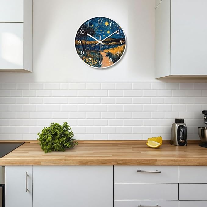 8 inch Silent Battery Operated Wall Clock, Decorative Round Wall Clock, Men Under The Starry Night