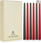 12-Inch Tall Dripless Taper Candles Set of 12 - Red and Green Tapered Candles, Perfect for Christmas - Smokeless, Unscented, Long Burning - Hand Poured, Colored Tall Candlesticks - Christmas