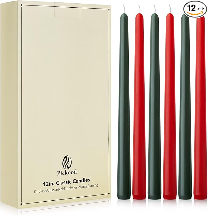 12-Inch Tall Dripless Taper Candles Set of 12 - Red and Green Tapered Candles, Perfect for Christmas - Smokeless, Unscented, Long Burning - Hand Poured, Colored Tall Candlesticks - Christmas