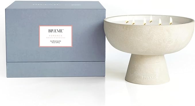 Blueme Romance Candle | Oakmoss & Sandalwood | 6 Wick - Refillable Wellness Candle with Essential Oils, Hand Finished & Poured Soy Wax Blend Ceramic Vessel, Natural Cotton Wicks | Giant 45 oz