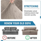 H.VERSAILTEX Sofa Cover 3 Piece T Cushion Loveseat Slipcovers Thick Velvet Couch Cover Furniture Protector Stretch T Cushion Sofa Covers for 2 Cushion Couch with 2 T Cushion Covers Washable, Taupe