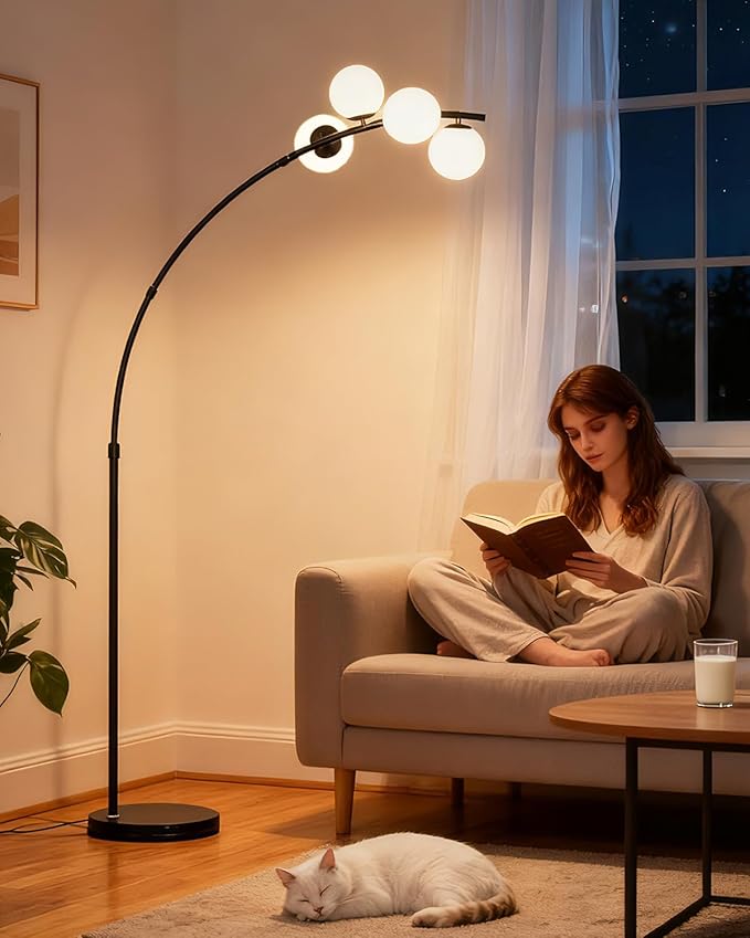 Lightdot Black Arc Floor Lamp for Living Room, 4 Globe Floor Lamp with Shatterproof Shade& Mable Base, Mid Century Modern Tall Standing Lamp for Bedroom/Sofa Beside/Corner Decor(Bulbs Included)