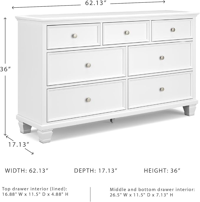 Signature Design by Ashley Fortman Casual Dresser with 7 Storage Drawers and Tapered Feet, Round Metal Knobs" Satin Nickel-tone, Wood, 36" High, White