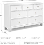 Signature Design by Ashley Fortman Casual Dresser with 7 Storage Drawers and Tapered Feet, Round Metal Knobs" Satin Nickel-tone, Wood, 36" High, White