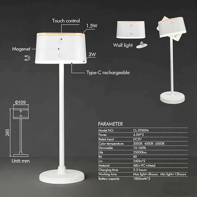 2 Pack Dual-Tone Rechargeable Cordless Desk Lamp – White Portable Table Light, Type-C Charging Table lamp, Touch Control, 3 Color Temps, Stepless Dimming for Reading Study Bedside