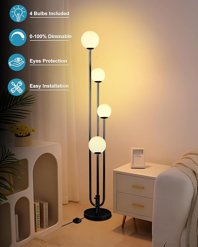 Lightdot Black Globe Floor Lamp 4-Lights Dimmable Floor Lamps with Tray 3000K Bulbs Included Unique Candle Mid Century Tall Standing Lamp for Living Room/Bedroom/Sofa Beside/Corner Decor