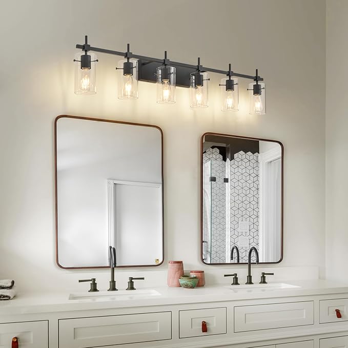 SOLFART Black Vanity Light fixtures 49.2 inch 6 Lights Wall Light Fixtures Above Mirror for Bathroom with Glass Shade (Exclude Bulb)