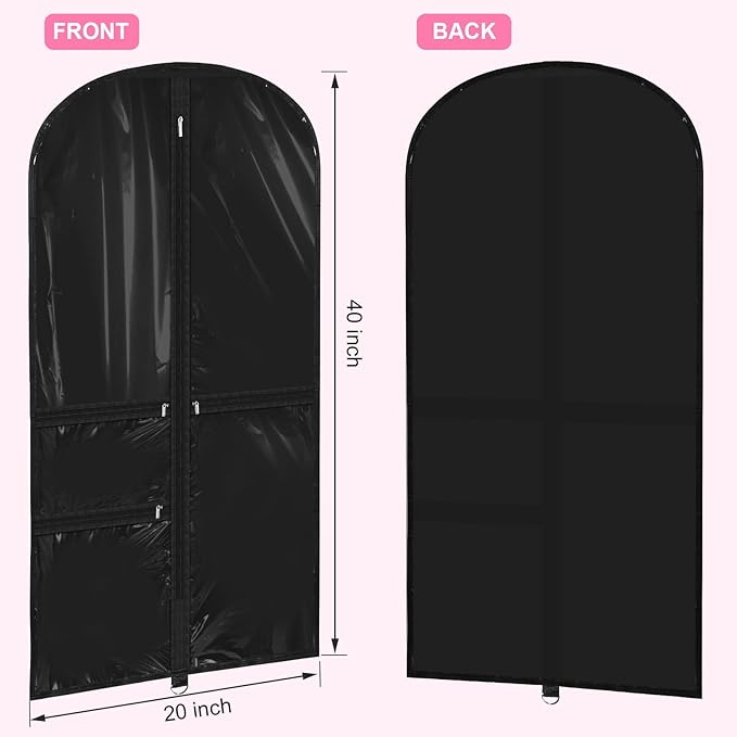 Windyun 10 Pack Garment Bags for Dance Costumes Kids 40 Inch Bags Hanging Clothes with 3 Clear Zipper Pocket Waterproof Garment Cover for Dance Competition, Travel, Closet Storage (Translucent Black)