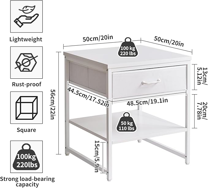 Living Room Large Side Table, End Table with Drawers, Refrigerator Stand Printer Table with Adjustable Shelves, Office Square Coffee Table White YD-TM156W