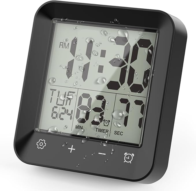Houkiper Shower Clock Waterproof Bathroom Timer, Digital Shower Timer with Countdown, Suction Cup Clock, LCD Display, Temperature Gauge Wall Clock Touch Screen Waterproof Clock for Bathroom, Black