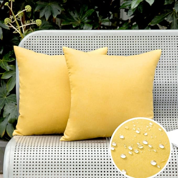 MIULEE Pack of 2 Decorative Outdoor Solid Waterproof Throw Pillow Covers Faux Linen Garden Farmhouse Cushion Cases for Summer Patio Tent Balcony Couch Sofa 18x18 Inch Yellow