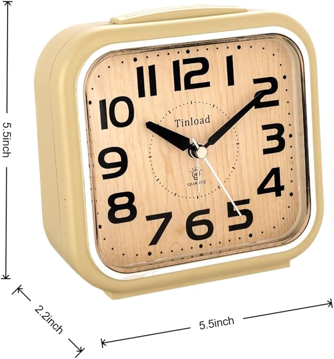 5.5" Large Analog Alarm Clock Silent Non Ticking, Gentle Wake, Beep Sounds, Increasing Volume, Battery Operated Snooze and Manual Light, Easy Set, Cream