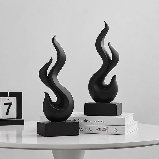 Modern Abstract Art Table Decoration, Gold Decor Flame Statue for Living Room Home, Black Shelf Decor Accents, Abstract Art Resin Sculpture for Dining Room, Office & Coffee Table Centerpiece (Black)