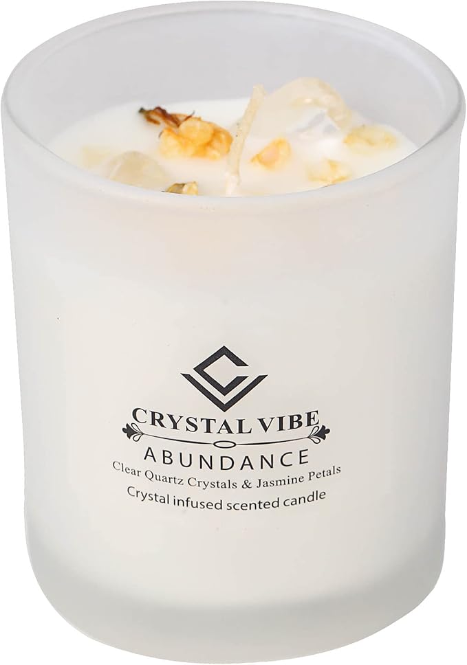 Crystal Vibe Jasmine Scented Candle with Clear Quartz Crystals and Jasmine Petals for Aromatherapy Mditation - Attract Abundance - Natural Soy Candle Gifts for Christams Birthdays