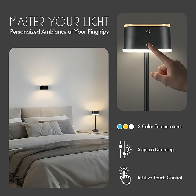 2 Pack Dual-Tone Rechargeable Cordless Desk Lamp – Black Portable Table Light, Type-C Charging Table lamp, Touch Control, 3 Color Temps, Stepless Dimming for Reading Study Bedside