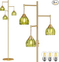 Dimmable Floor Lamp for Living Room, Bedroom, Gold Standing Lamp with 3pcs 6W Bulbs, Vintage Brass Floor Lamps for Corner, Nursery (Green Tulip)
