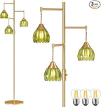 Dimmable Floor Lamp for Living Room, Bedroom, Gold Standing Lamp with 3pcs 6W Bulbs, Vintage Brass Floor Lamps for Corner, Nursery (Green Tulip)