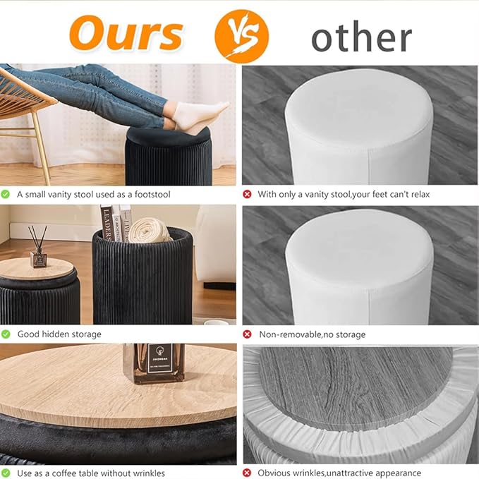 Round Set of 2 Ottoman with Storage-Upholstered Velvet Vanity Stool for MakeupMultifunctional Ottomans Coffee Table Padded Seat Foot Rest for Living Room&Bedroom (Black)