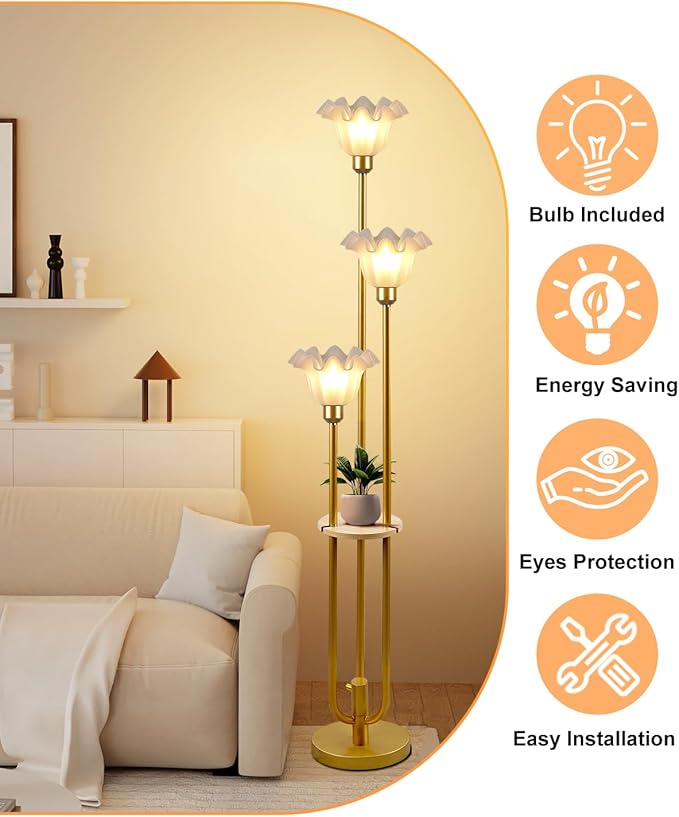 Flower Floor Lamp for Living Room, Dimmable Vintage Floor Lamp with Shelf & LED Bulbs, 3 Light 3000K Soft Warmwhite Mid Century Gold Standing Lamp, Floral Tall Lamp for Bedroom
