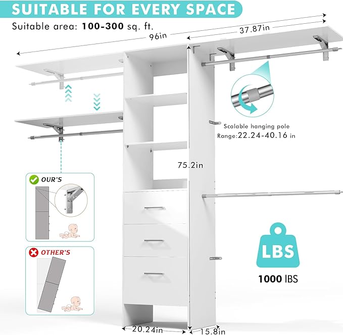 Walk in Closet Organizer System with 3 Extendable Hanging Rods, Built-in Garment Rack with 6 Shelves, Wall Mounted Clothes Organizers Storage Systems for Bedroom