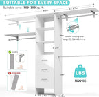 Walk in Closet Organizer System with 3 Extendable Hanging Rods, Built-in Garment Rack with 6 Shelves, Wall Mounted Clothes Organizers Storage Systems for Bedroom
