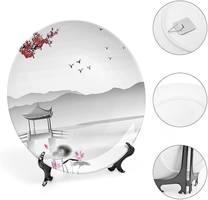 Ceramic Plates, Asian Decorative Ceramic Plates, Japanese Style Garden Bird Small Pavilion, 10 Inch, Household Plates Decorative, Grey Pink Red
