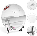 Ceramic Plates, Asian Decorative Ceramic Plates, Japanese Style Garden Bird Small Pavilion, 10 Inch, Household Plates Decorative, Grey Pink Red