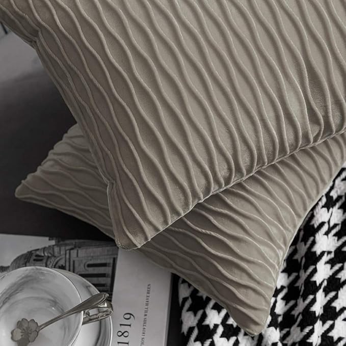 Tan Throw Pillow Cases 12x20: 2 Pack 12x20 Inch Original Striped Velvet Rectangular Decorative Pillow Covers for Farmhouse Couch