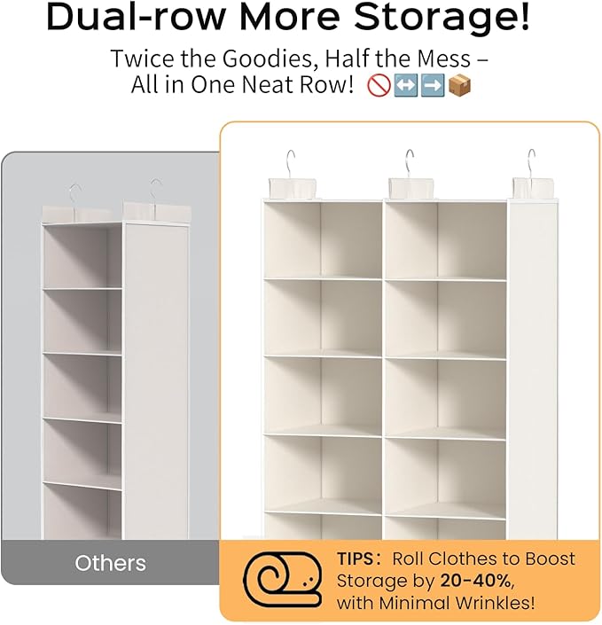 5 Shelves Hanging Closet Organizer - Foldable Dual-Row Hanging Clothes Storage with 3 Hooks, Space-Saving Closet Organizer and Storage for Sweater and Hats, Ideal for Dorms and Bedroom,White