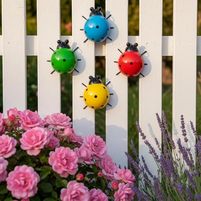 Cute Colorful Ladybug Metal Garden Decor, Set of 4 Outdoor Yard Art, Lawn Ornaments, Fence & Patio Wall Sculptures, for Mom, Housewarming