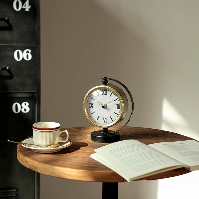 NIKKY HOME Gold Table Clock, Vintage Desk Clock Silent Non-Ticking Battery Operated Decorative Mantel Desk Shelf Clock for Living Room Decor