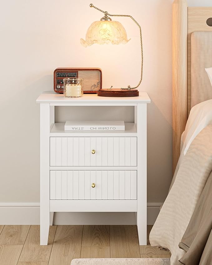 Fluted Nightstand, Farmhouse Night Stand with 2 Drawers, Mid Century Modern Side Accent Table,Bedside End Table for Bedroom, Living Room, White