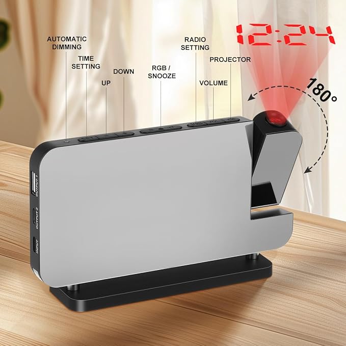 Cabilock Projection Alarm Clock for Bedroom Ceiling, 180° Rotatable Time Projector with 10 Colors RGB Night Light, Digital Led Display Clock with USB Type C Charger Port for Elderly Heavy Sleepers