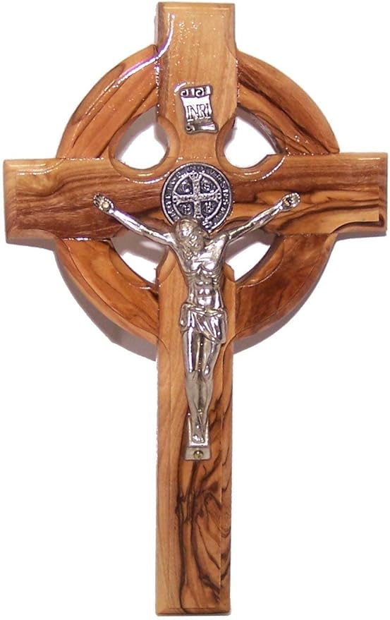 Holy Land Market 6" Celtic Olive Wood Wall Crucifix – Handmade in Bethlehem with Metal Saint Benedict Medal (Front & Back), Certificate, Prayer Card & Medal Explanation – Solid Olive Wood Cross